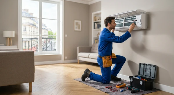 Technicien qualifi&eacute; en tenue professionnelle effectuant l'installation ou la maintenance d'une unit&eacute; int&eacute;rieure de climatisation (console murale ou cassette) dans un salon r&eacute;sidentiel moderne, mettant en &eacute;vidence le travail de pr&eacute;cision et la qualit&eacute; technique de l'intervention sur cet &eacute;quipement sp&eacute;cifique.