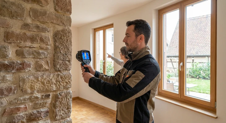 Technicien en uniforme blanc effectuant la maintenance d'un climatiseur mural split dans un intérieur résidentiel moderne aux murs blancs avec rideaux gris