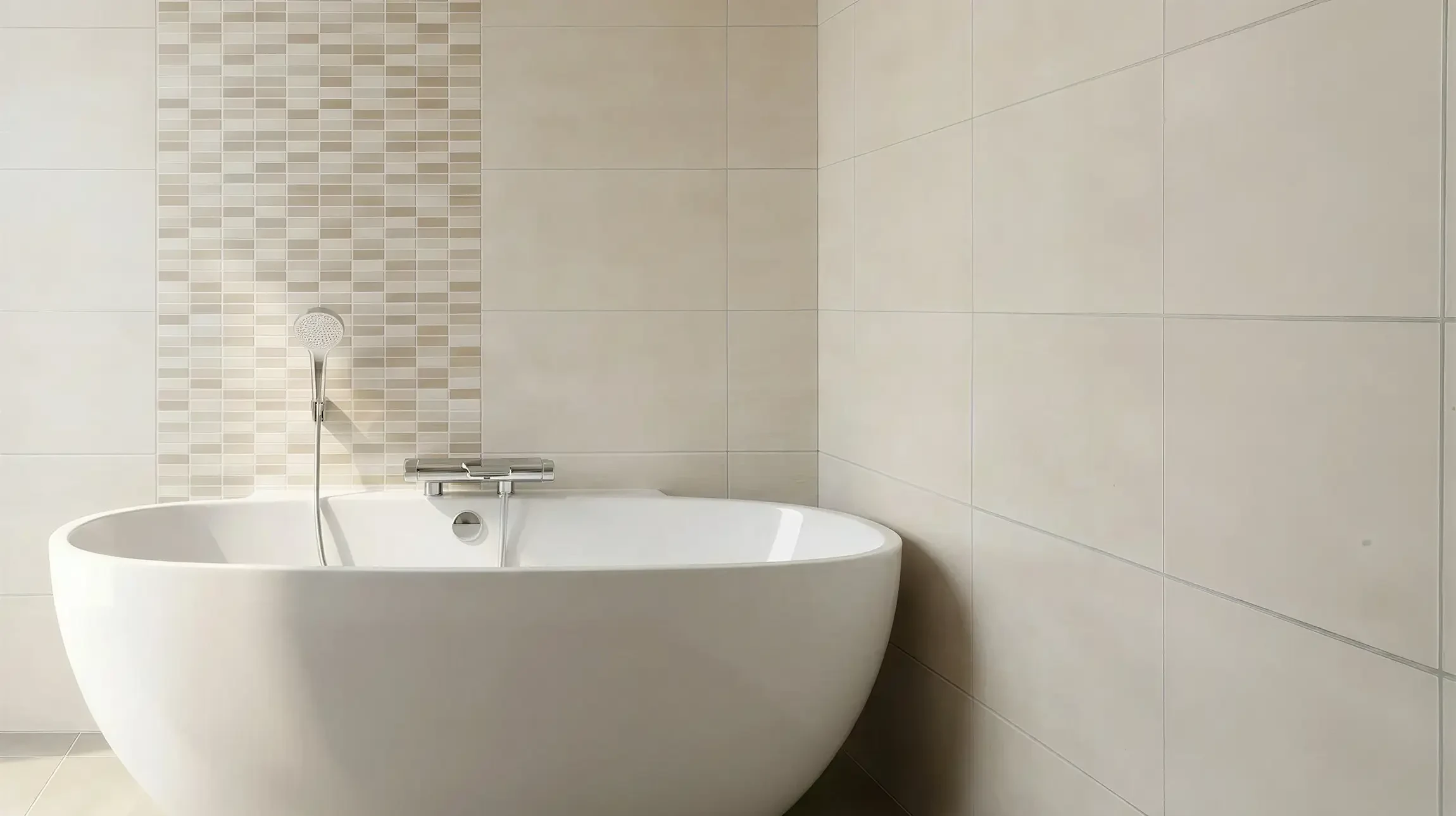 Salle de bain &eacute;pur&eacute;e avec baignoire &icirc;lot blanche autoportante, robinetterie murale chrom&eacute;e avec douchette &agrave; main