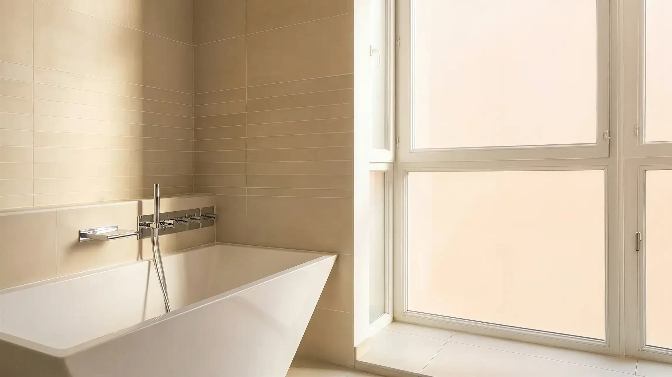 Salle de bain &eacute;pur&eacute;e, baignoire autoportante rectangulaire blanche encastr&eacute;e contre mur carrel&eacute; beige